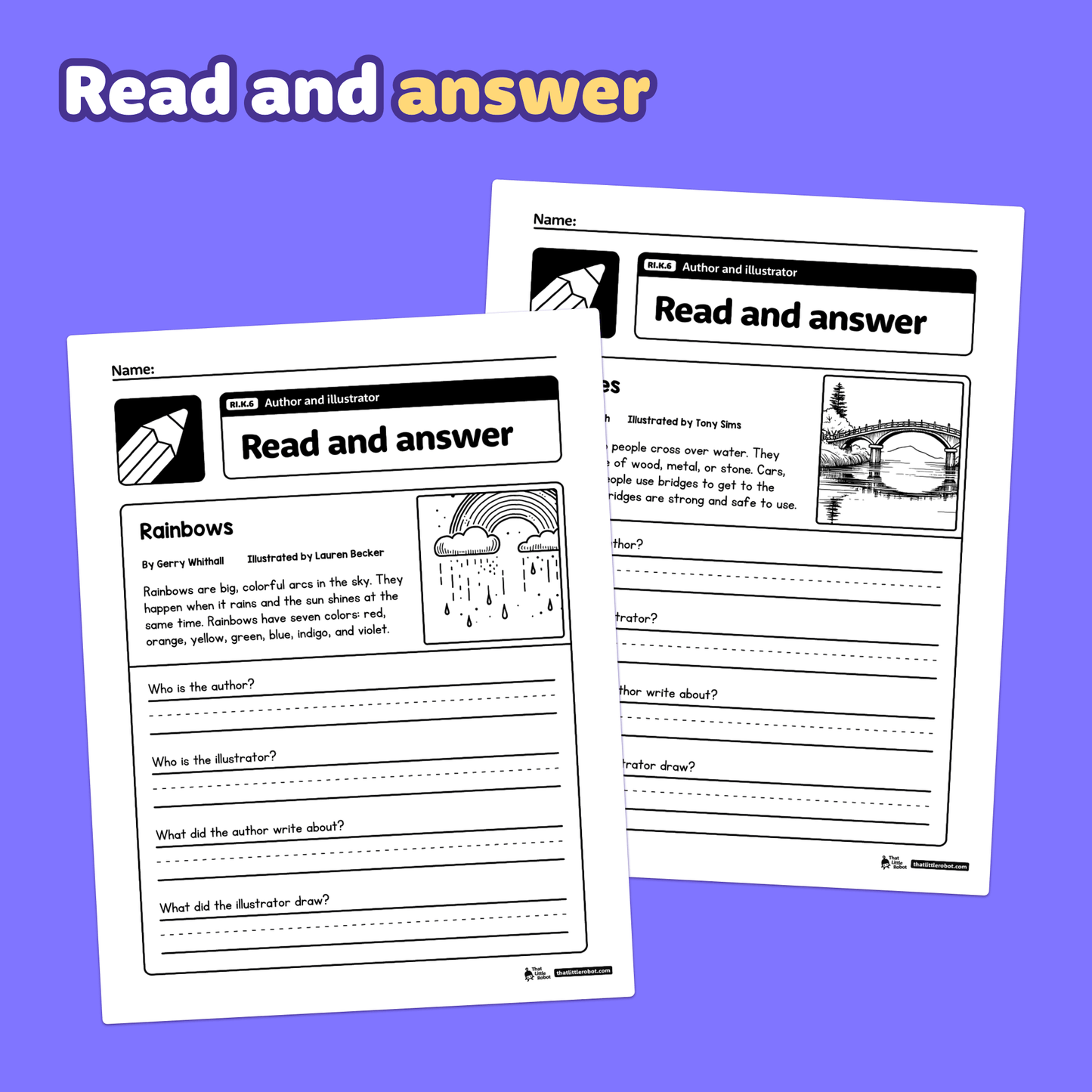 Two printable Kindergarten worksheets titled Author and Illustrator are shown.