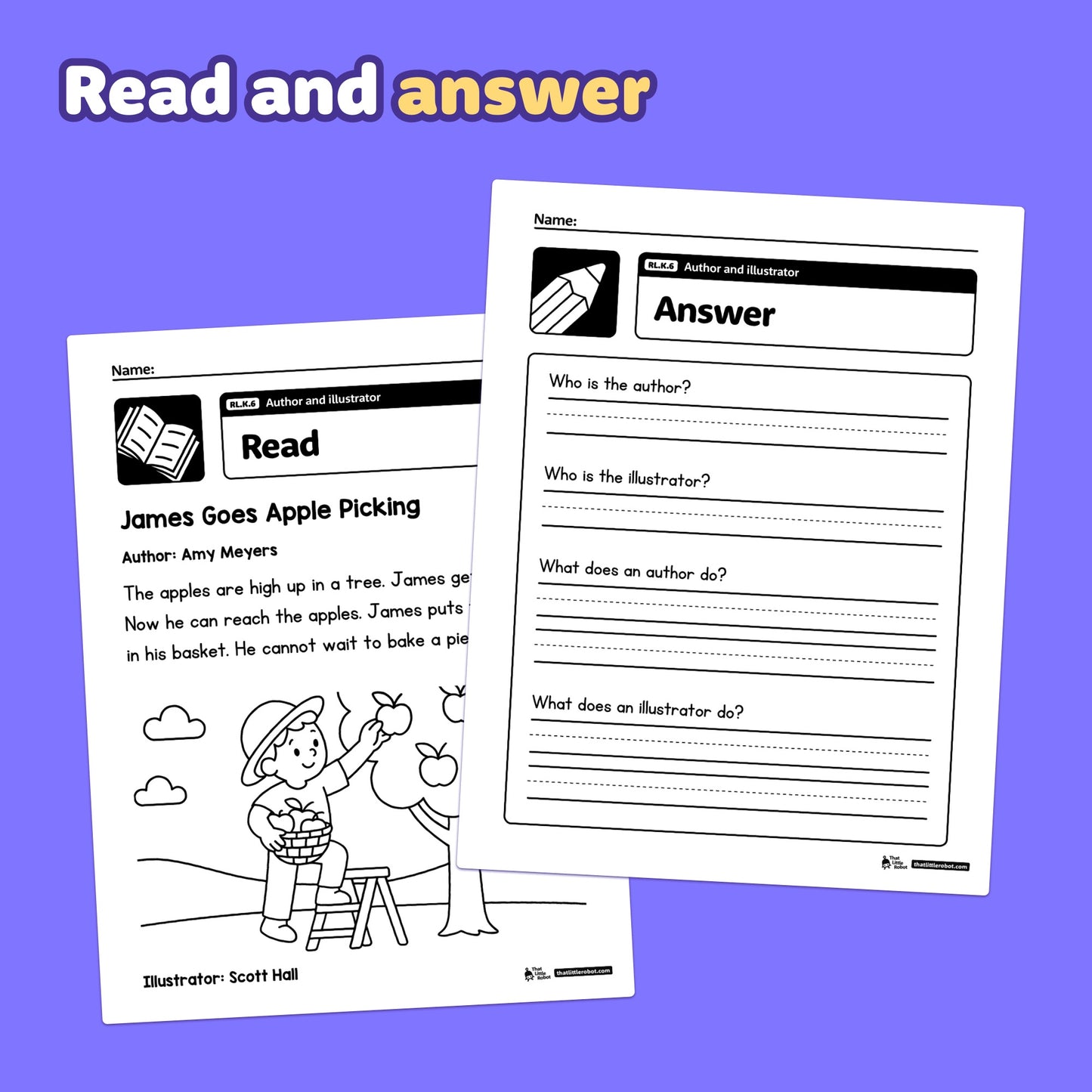 Two RL.K.6 worksheets display story text and a child's drawing for illustration.