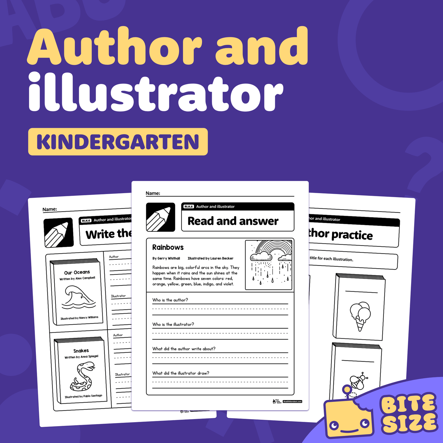 Kindergarten worksheets with spaces for author and illustrator names, labeled RI.K.6.