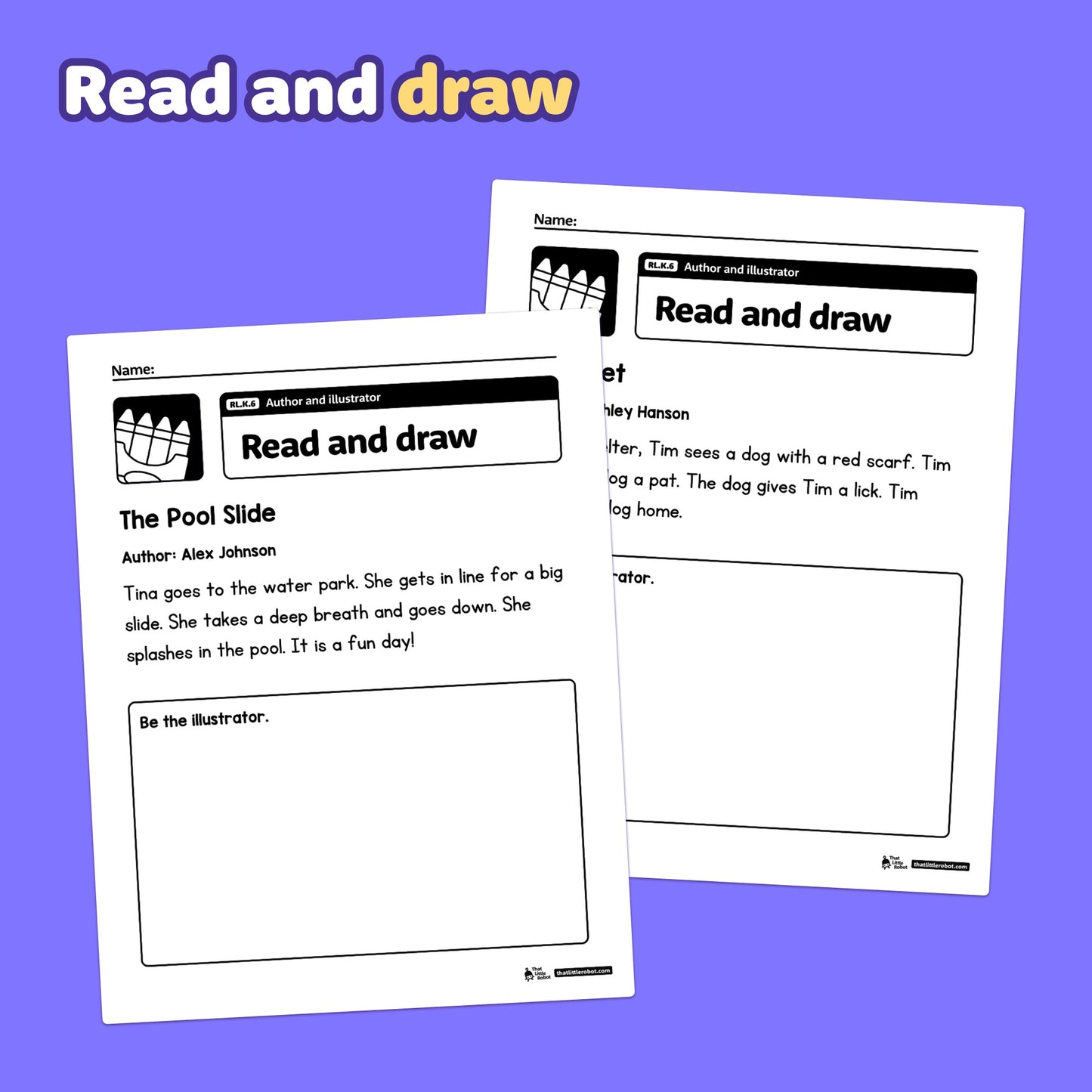Kindergarten worksheets with labeled spaces for writing and drawing.
