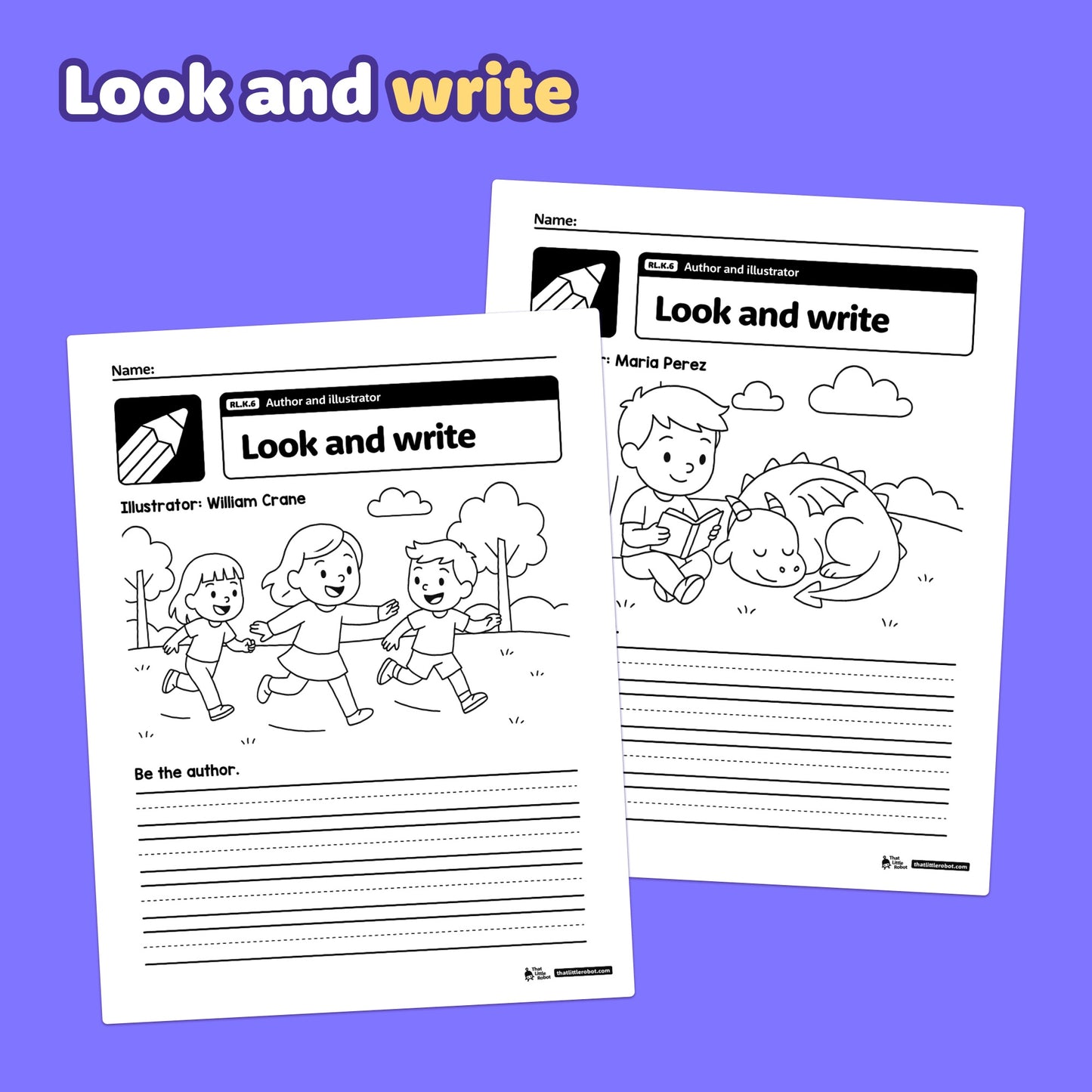 Two worksheets with illustration spaces and lines for writing stories.