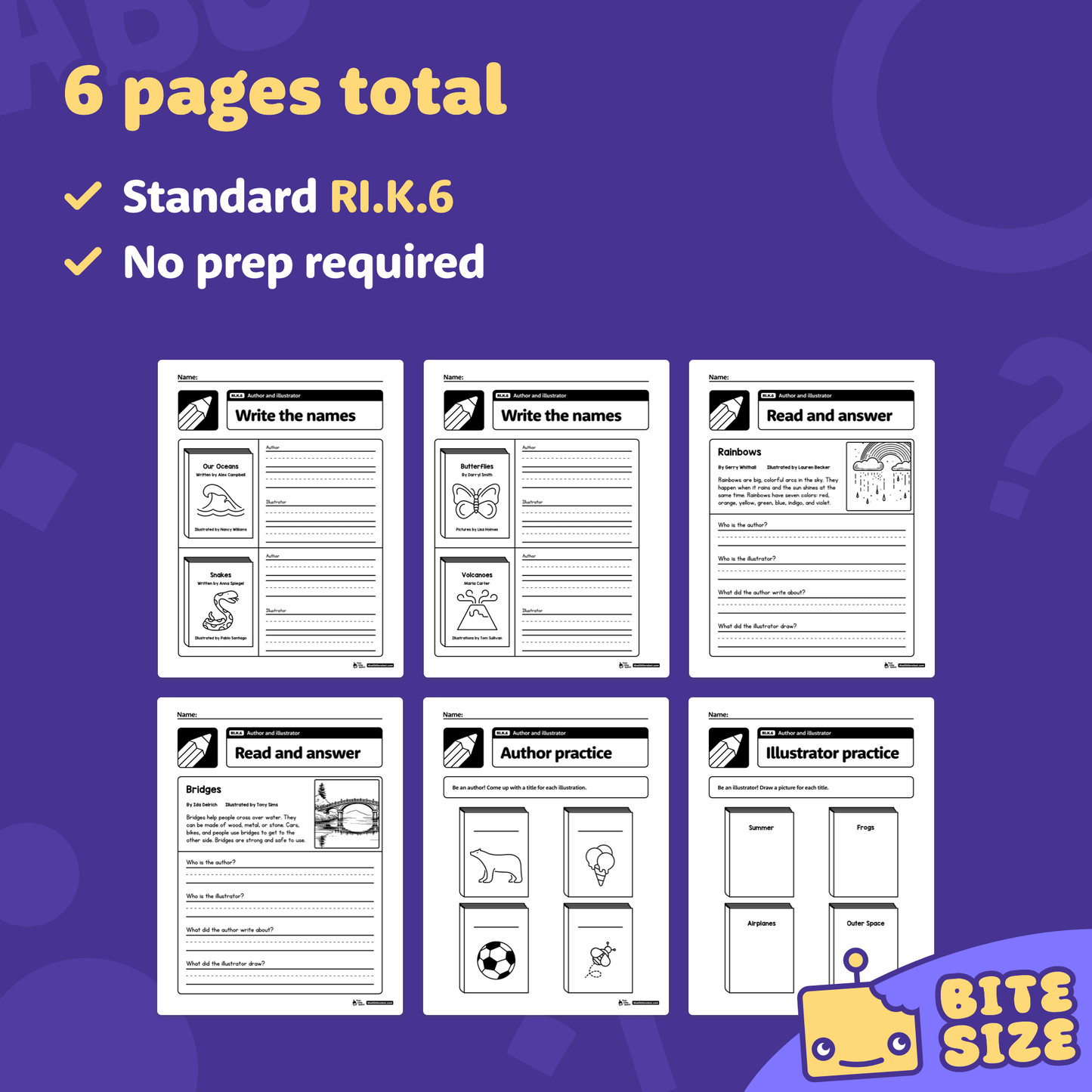 Preview of kindergarten worksheets with sections for author and illustrator.
