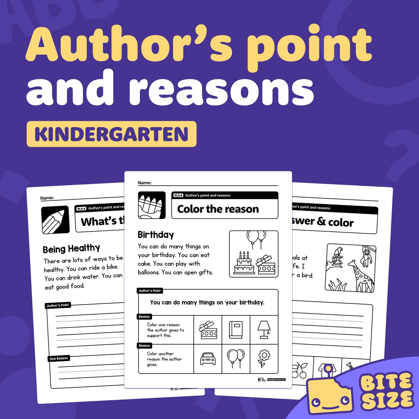 Three worksheets with author’s point and reasons for kindergarten, labeled RI.K.8.