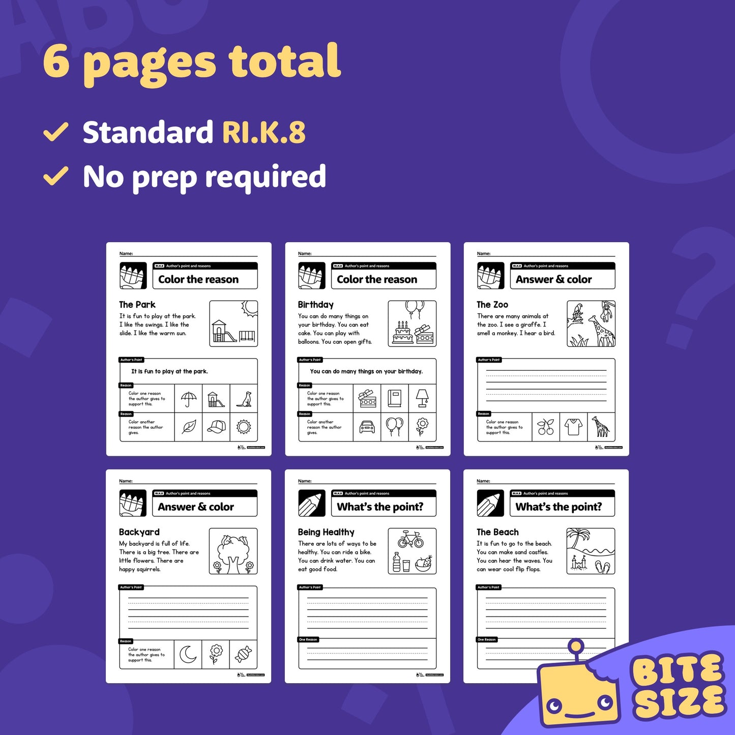 Six worksheets with author’s point and reasons activities for kindergarten.