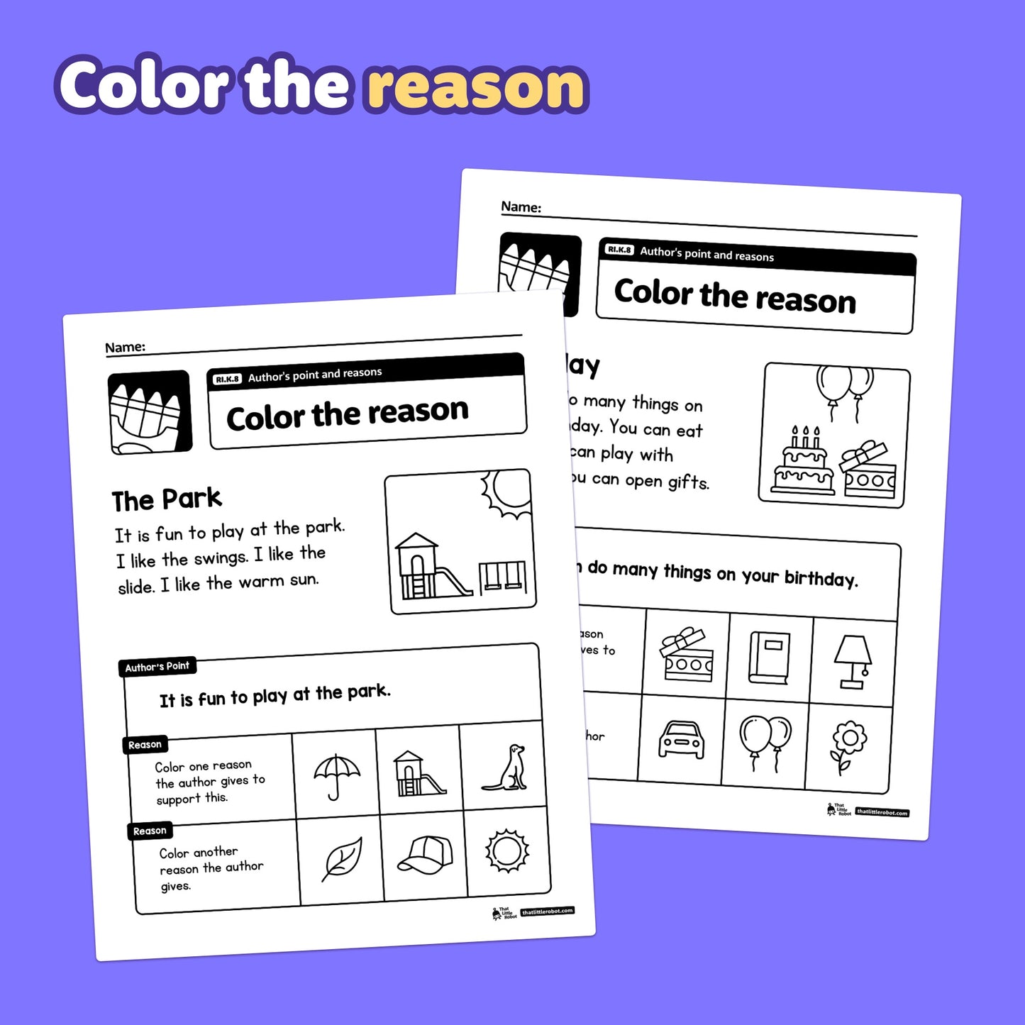 Two worksheets with questions about identifying an author's point and reasons.