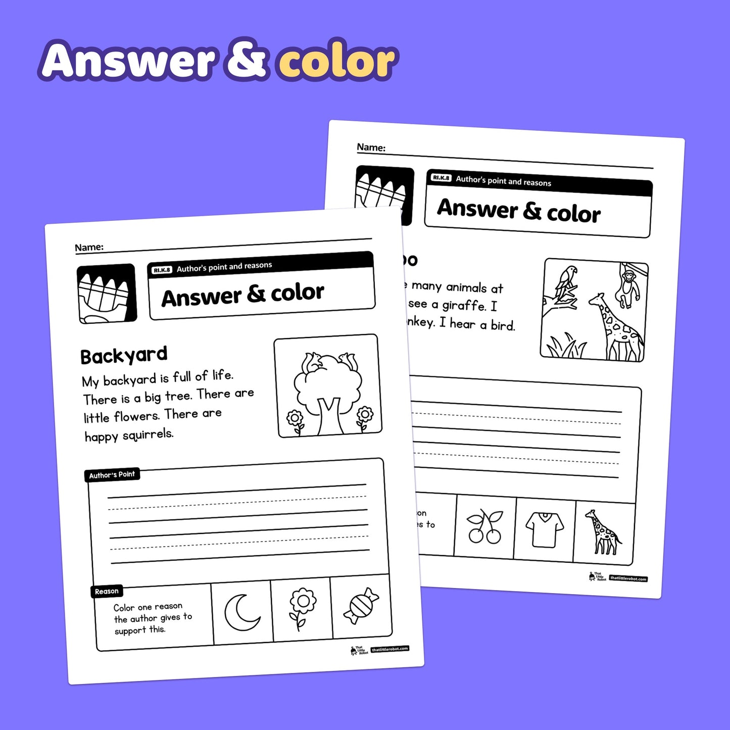 Kindergarten worksheets with author’s point and reasons activities are shown.