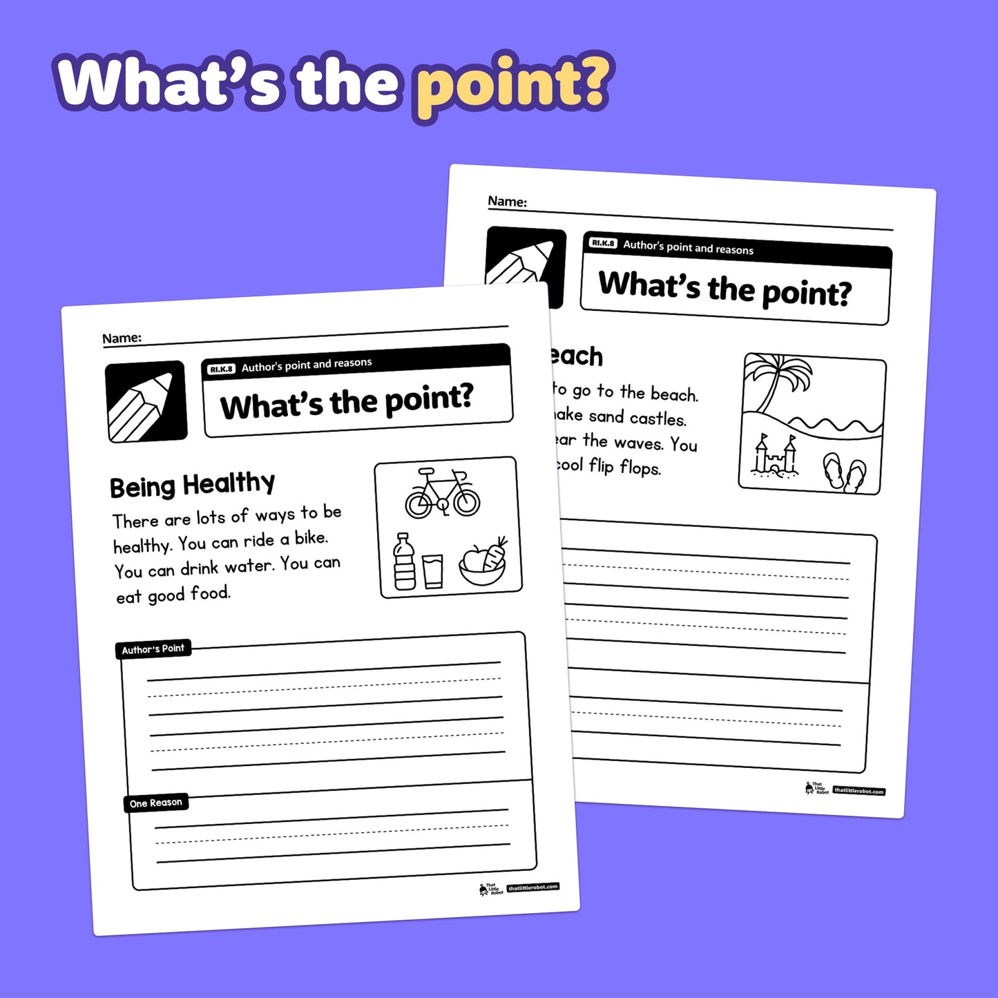 Two Kindergarten worksheets titled "Author's Point and Reasons" are shown.