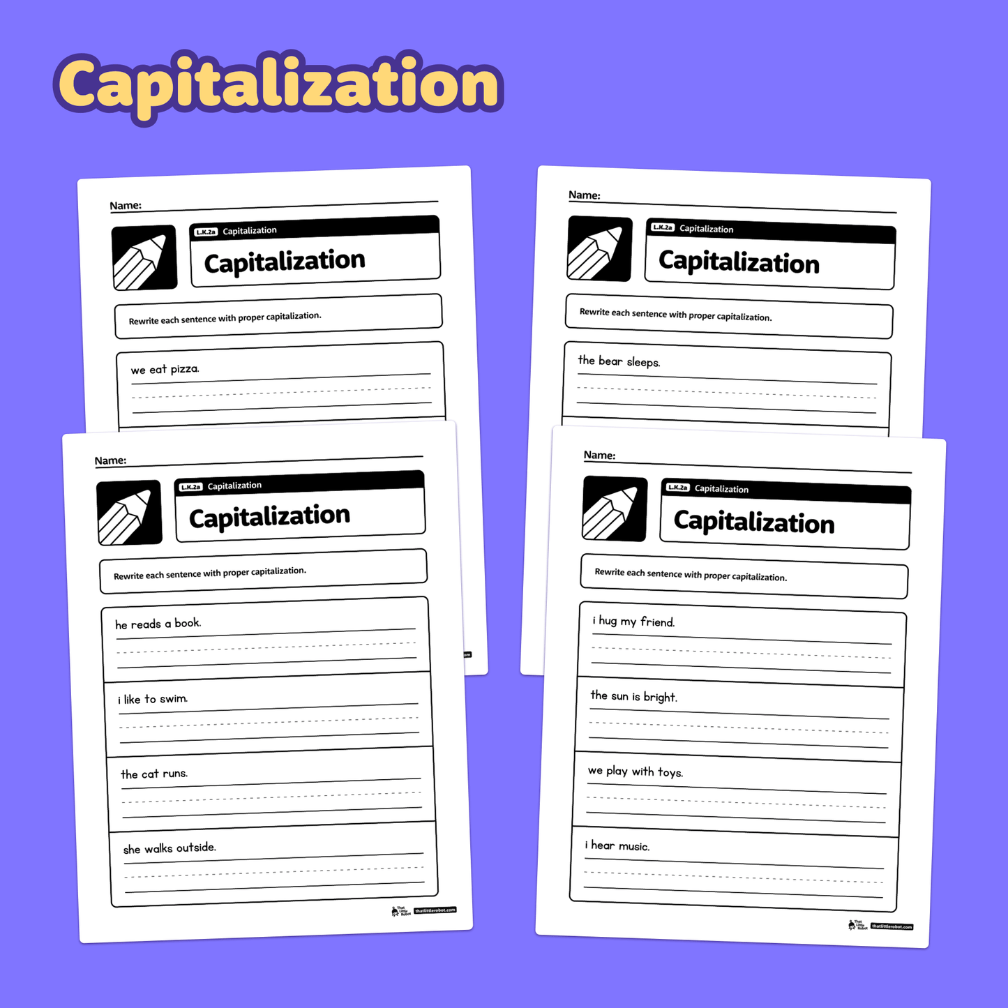 Four kindergarten worksheets with capitalization practice activities displayed.