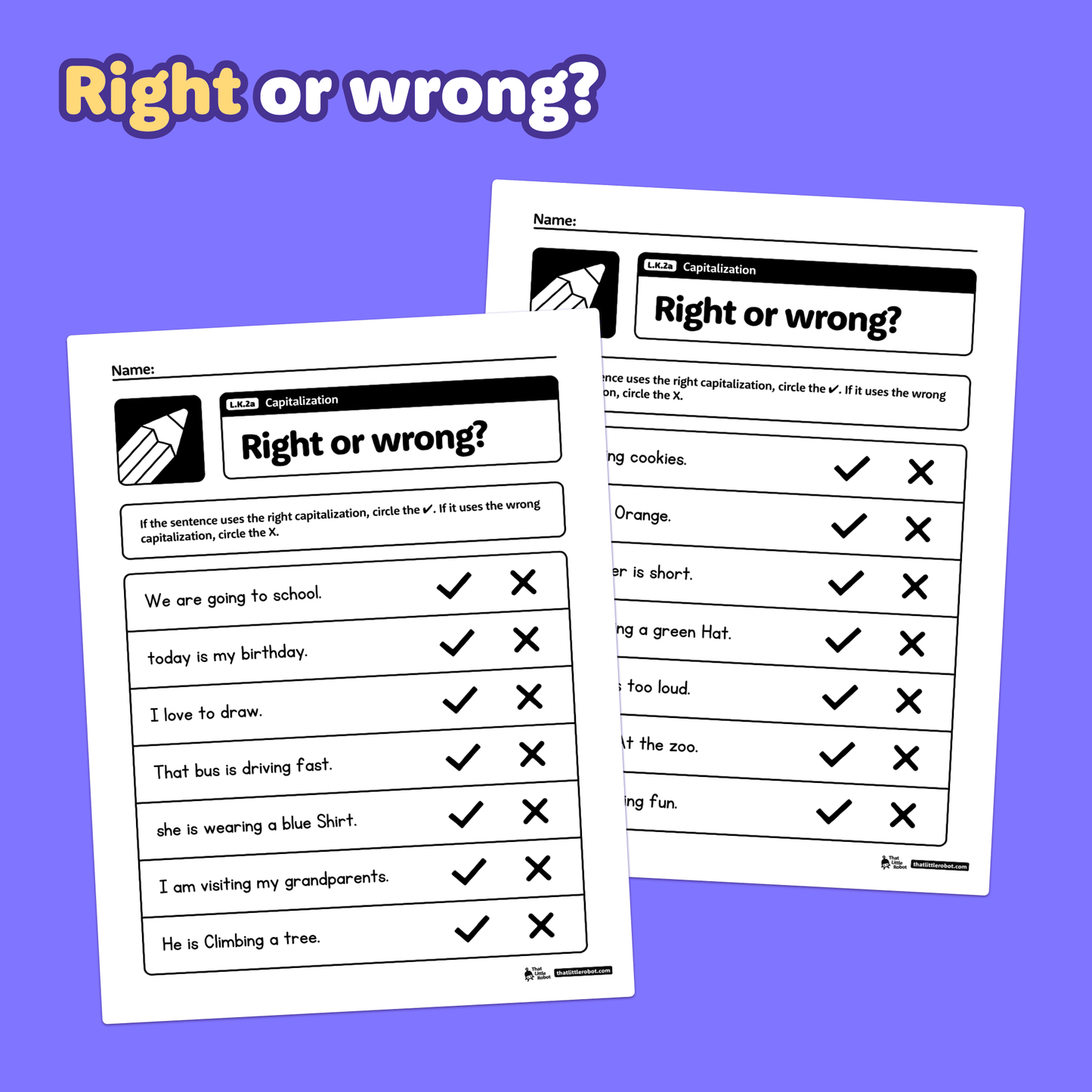 Printable PDF worksheets for kindergarten capitalization practice are shown.