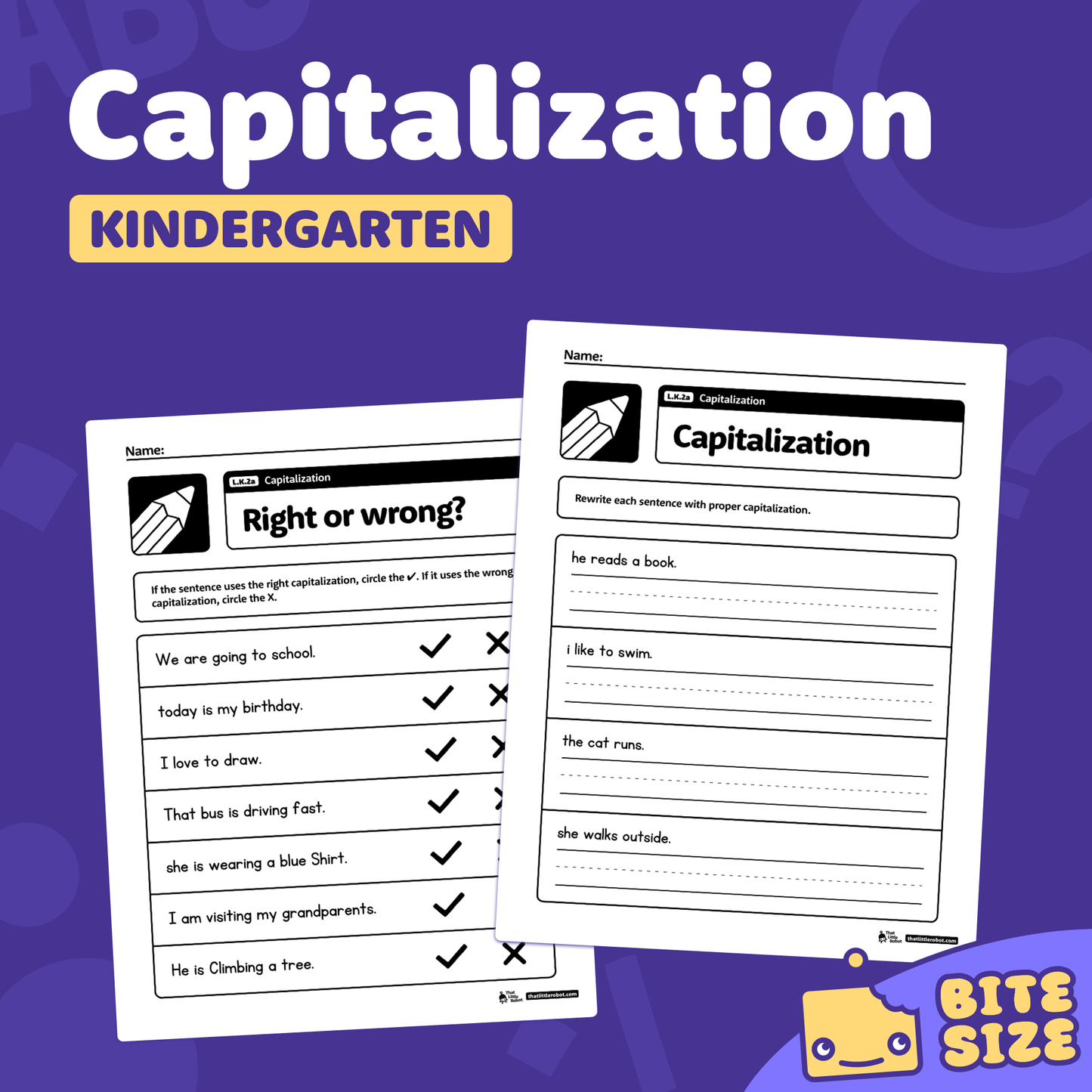 Several kindergarten worksheets focused on capitalization rules are shown.