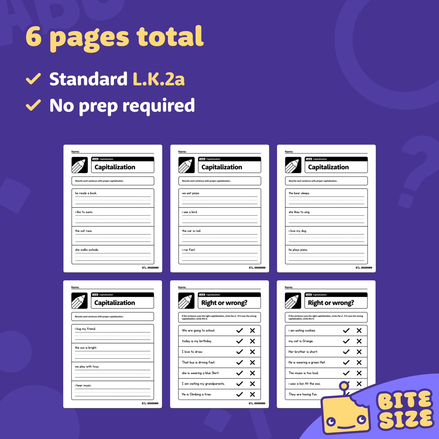 Preview showing six Kindergarten capitalization worksheets in a printable PDF file.