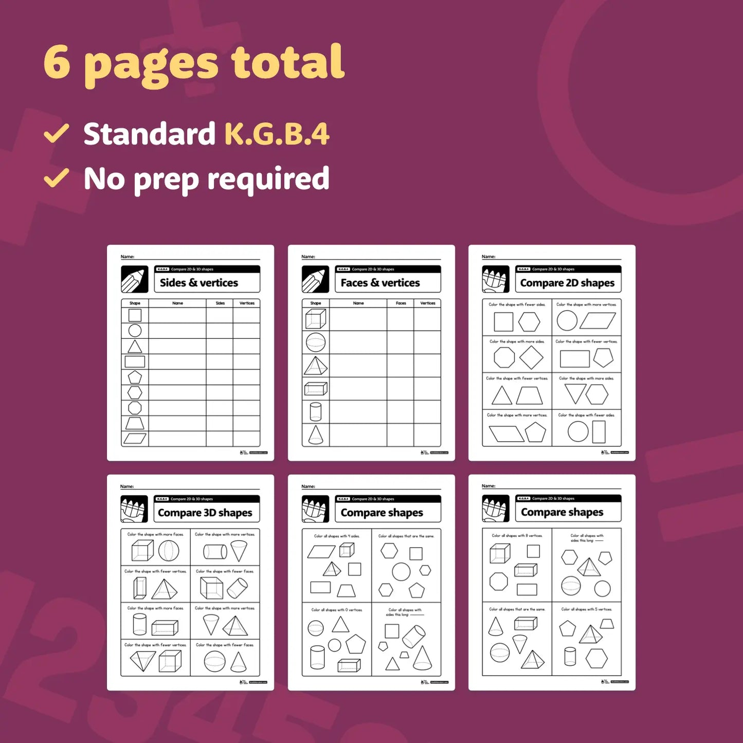 Six-page worksheets titled "Compare 2D & 3D Shapes" with shapes and text.