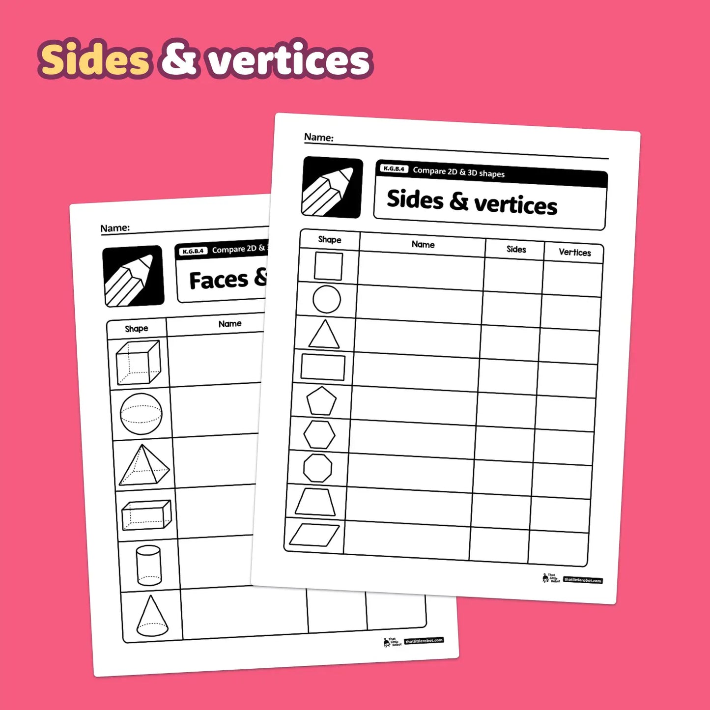 Two worksheets titled "Compare 2D & 3D Shapes.