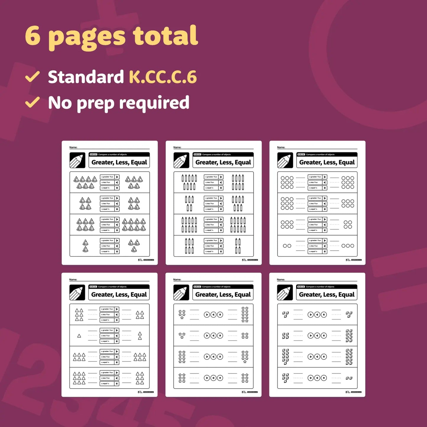 Compare a Number of Objects Worksheets | K.CC.C.6
