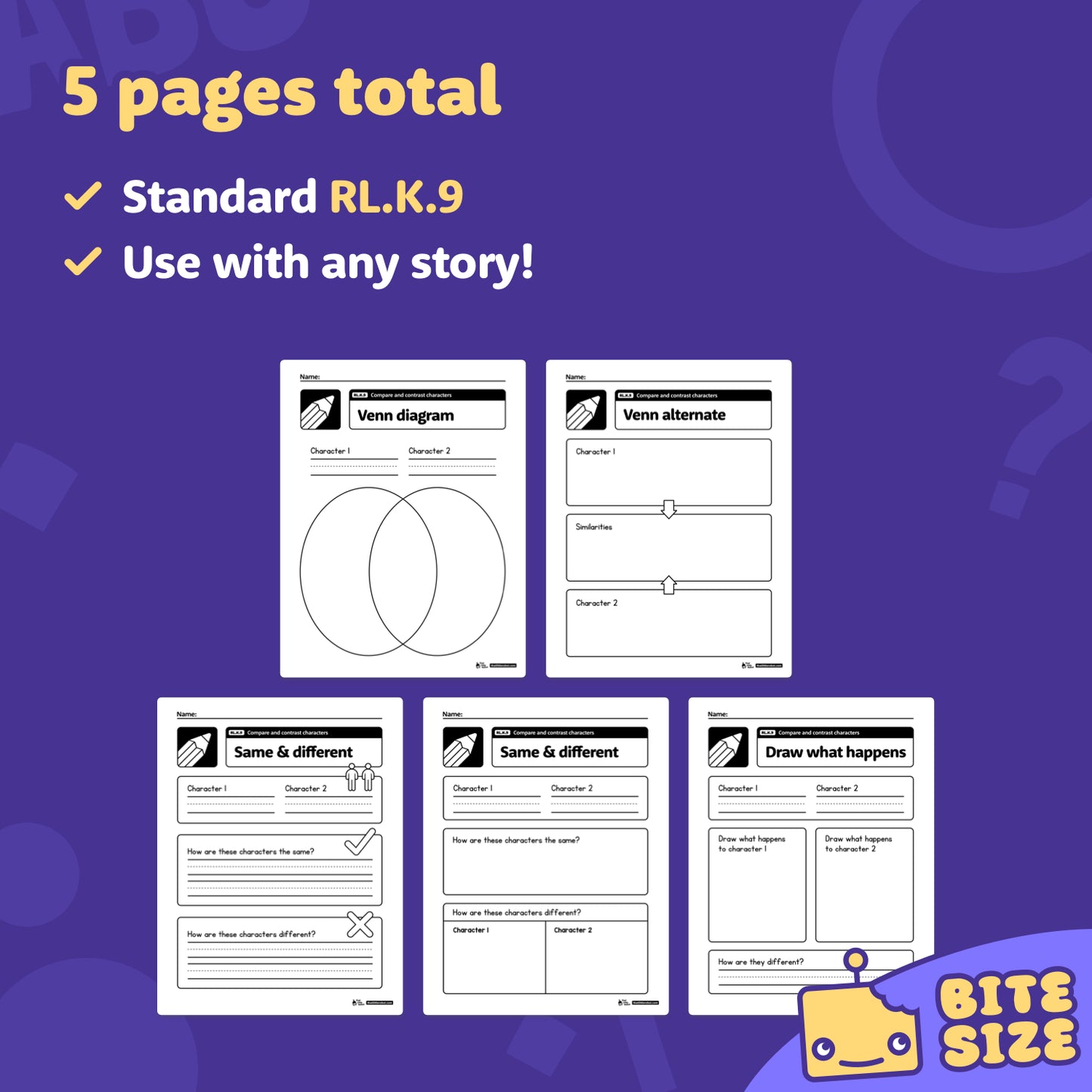 Preview of five worksheet pages with compare and contrast character activities.