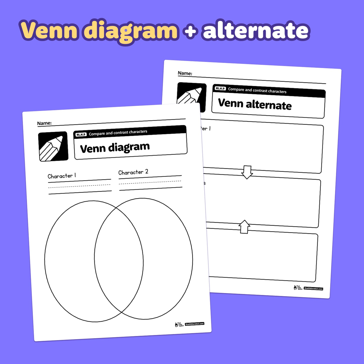 Printable worksheet comparing and contrasting characters using Venn diagram and chart.