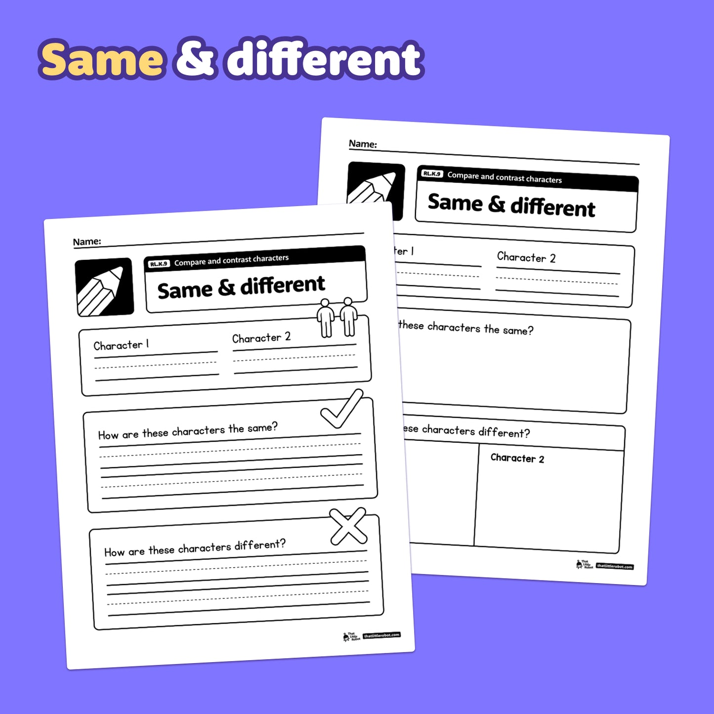 Printable PDF worksheets for kindergarten compare and contrast character activities.