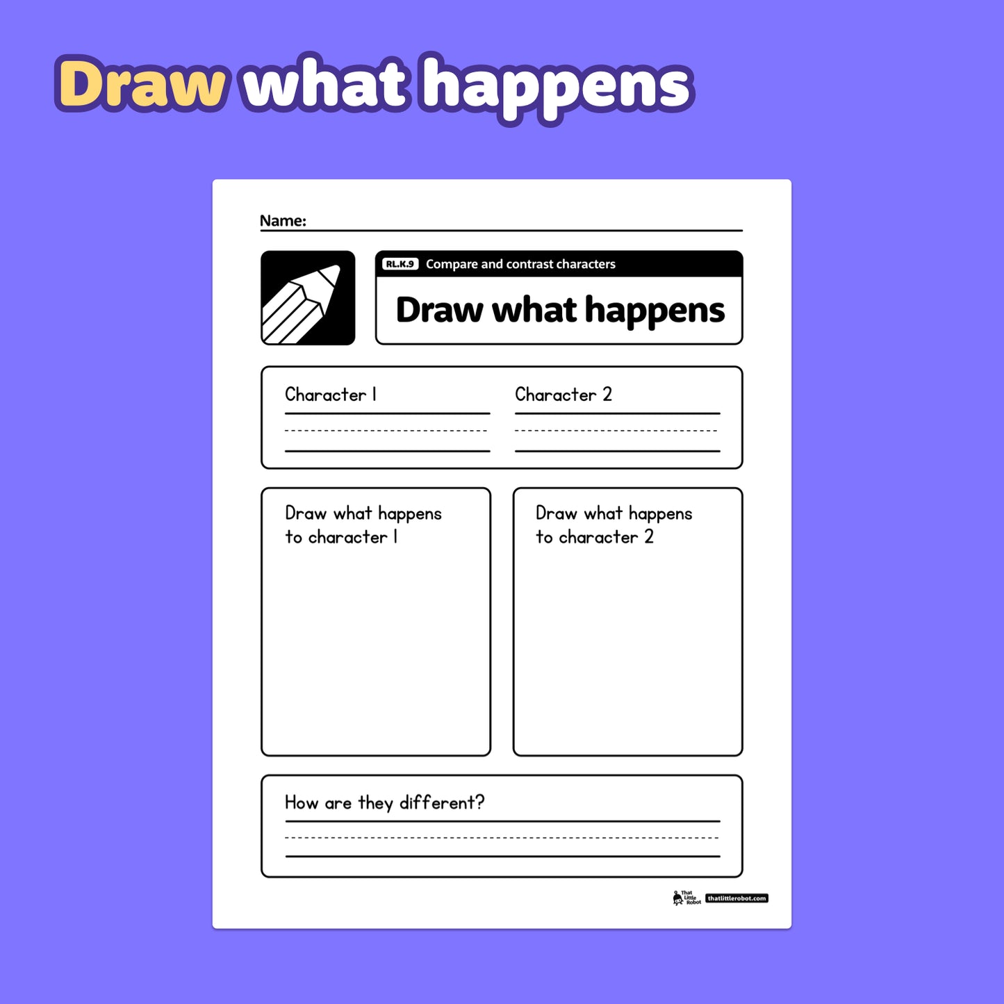 A kindergarten worksheet with spaces to draw and compare two story characters.