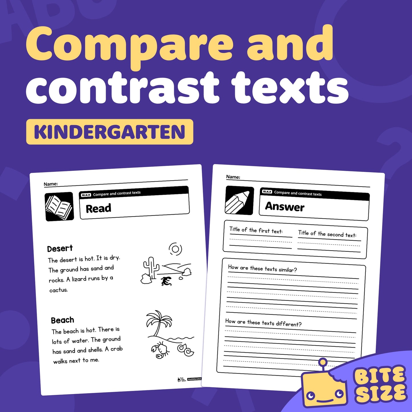 Three worksheet pages with kindergarten-level compare and contrast activities.