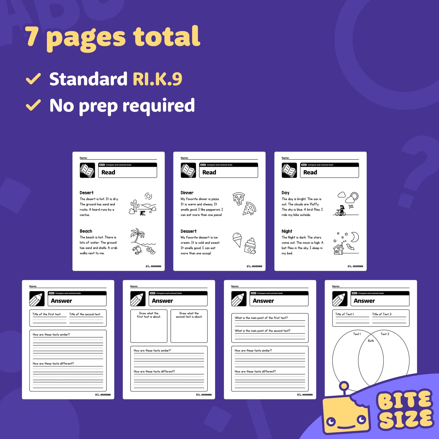 Preview showing 7 kindergarten compare and contrast worksheets with answer keys.