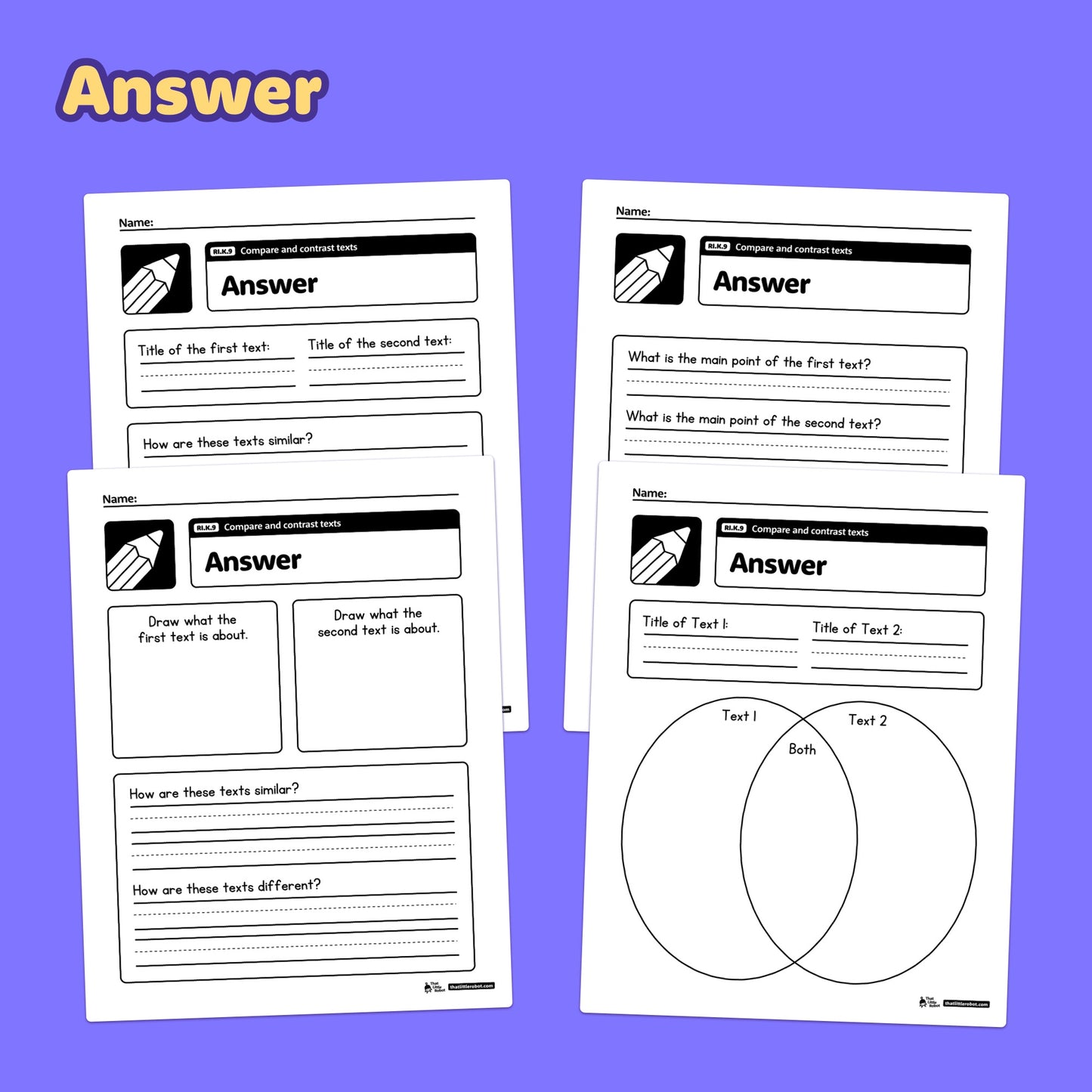 Printable PDF worksheets for kindergarten comparing and contrasting texts.