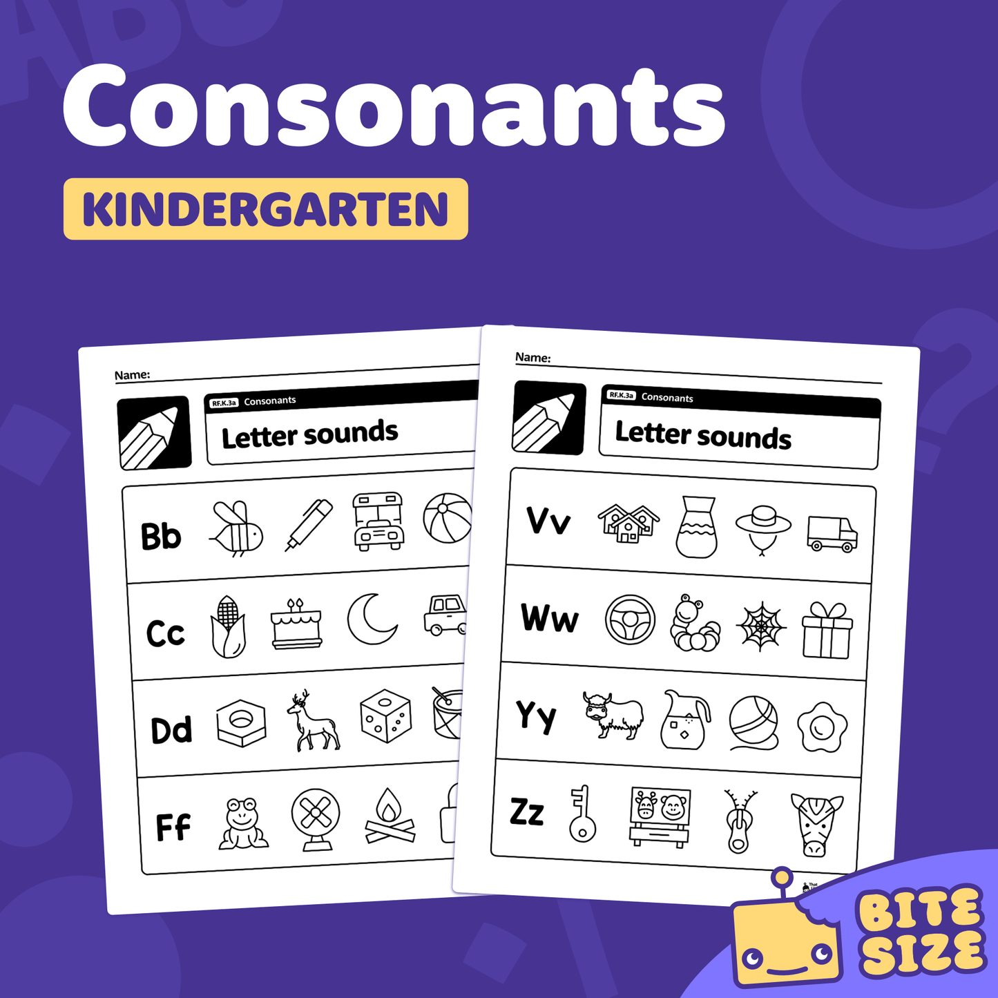 Printable kindergarten worksheets with consonant letter sound activities.