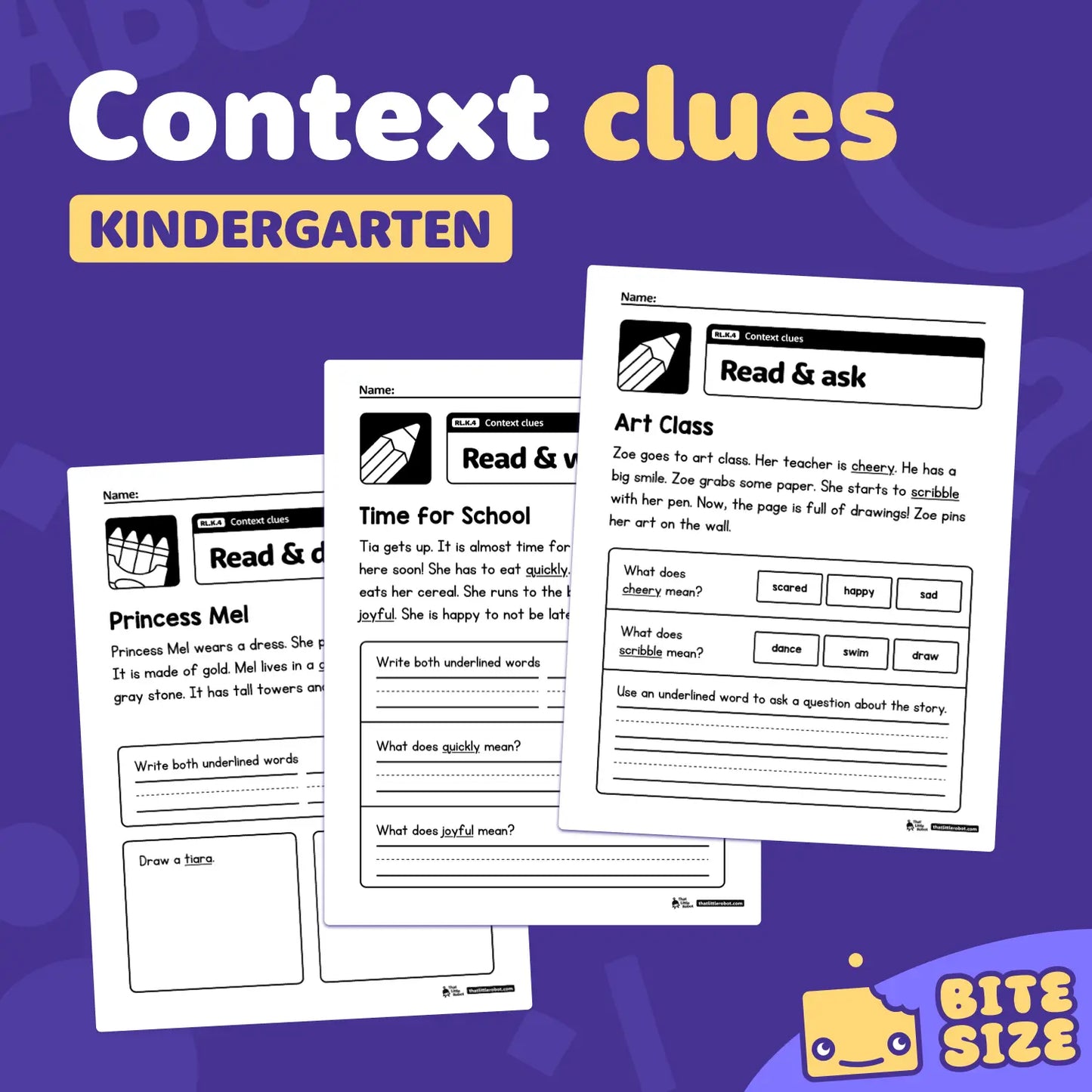 Printable kindergarten worksheets focused on context clues and RL.K.4 standard.