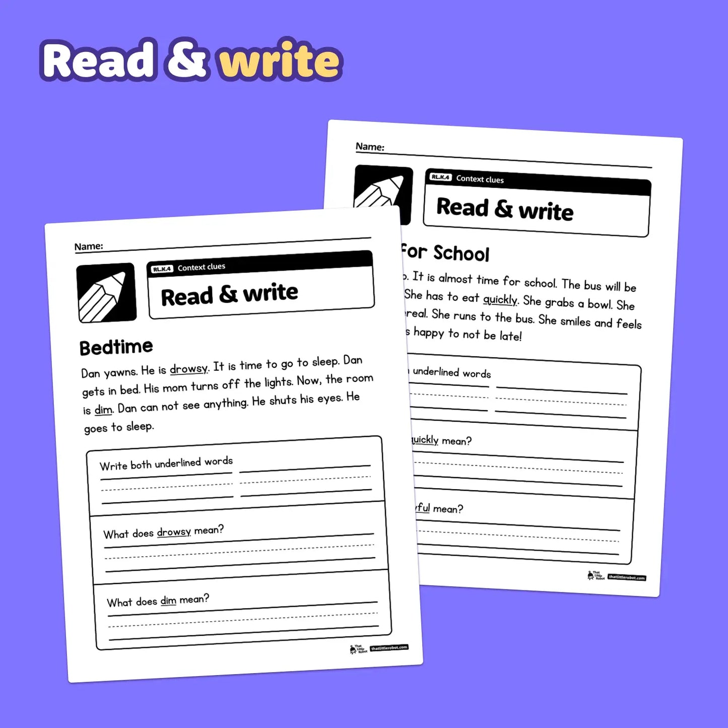 Two printable kindergarten context clues worksheets in PDF format are shown.