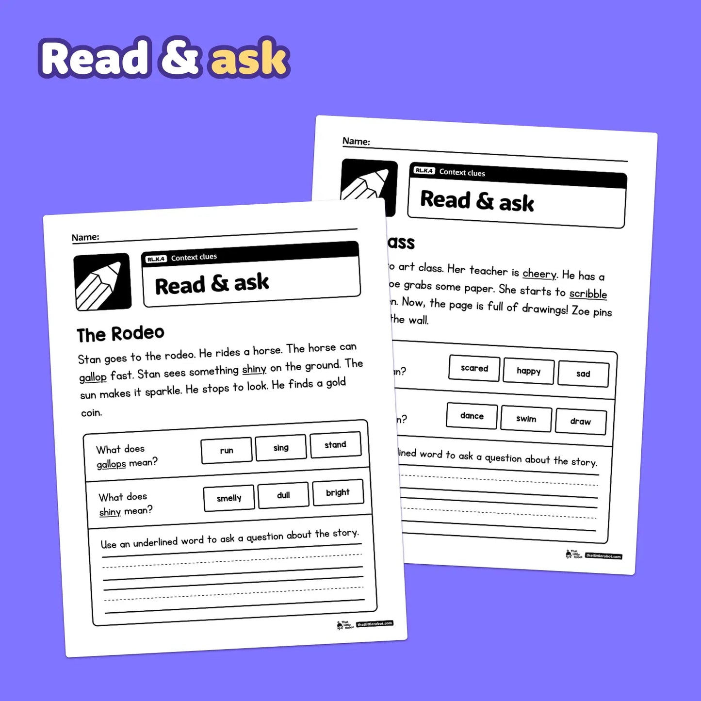 Two kindergarten worksheets labeled RL.K.4 with context clues activities are shown.