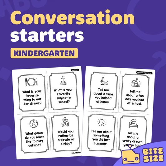 Printable cards displaying conversation prompts for kindergarten students.