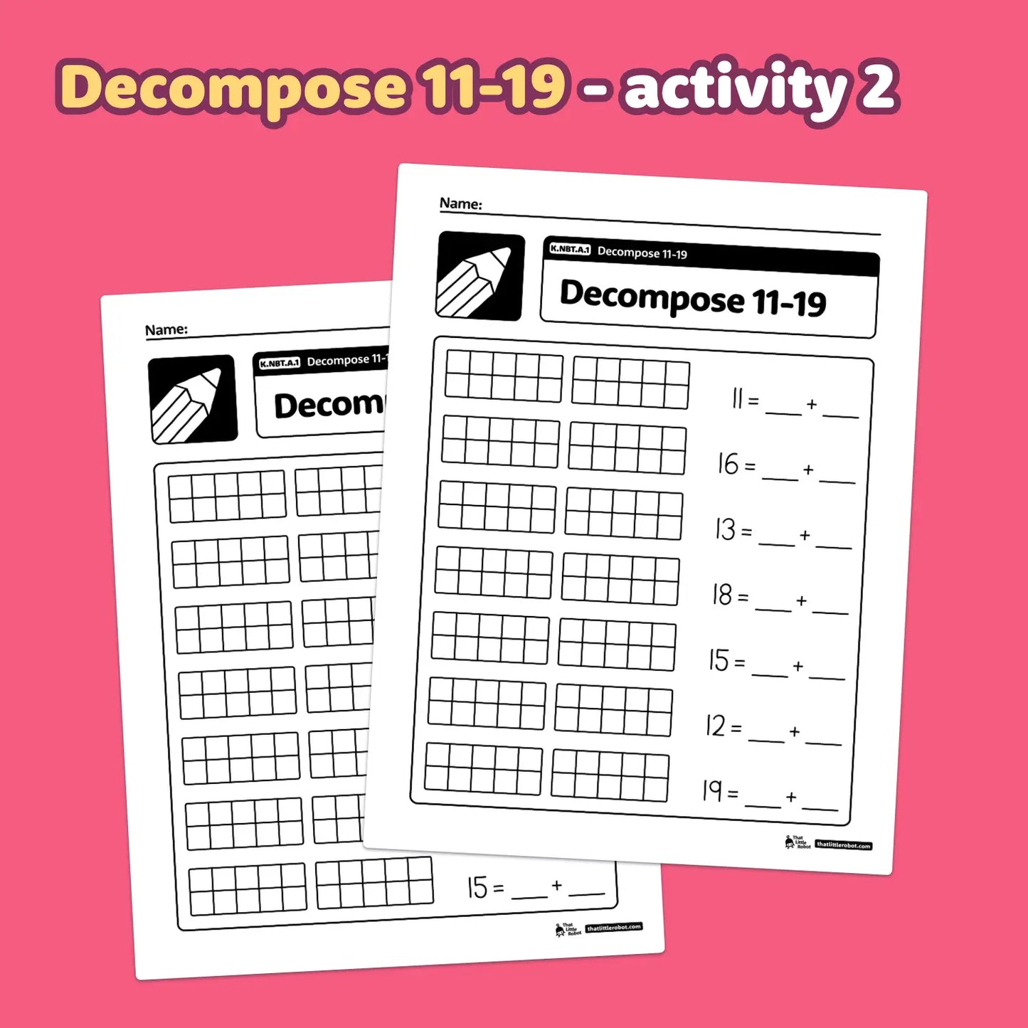 Printable PDF of number decomposition worksheets for numbers 11-19.