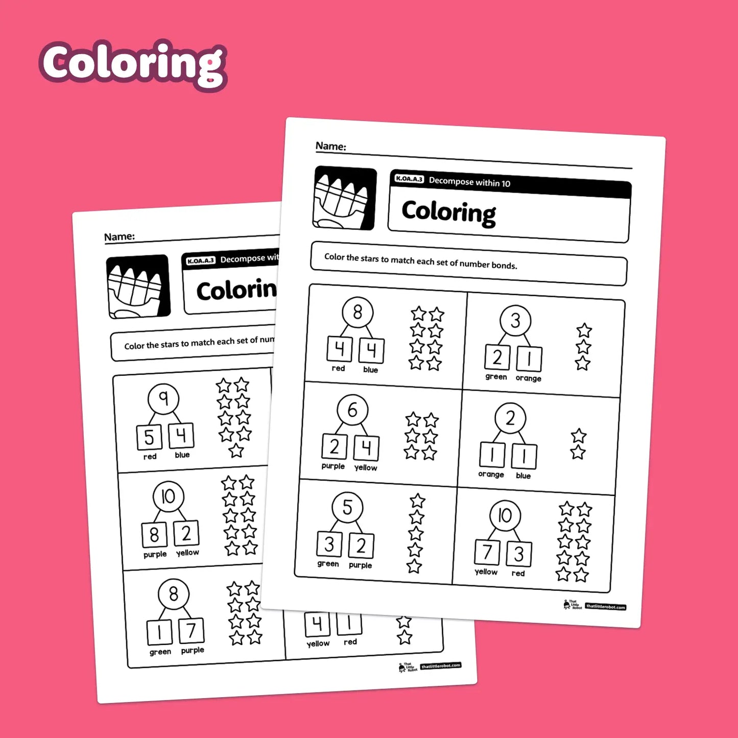 Worksheets with numbers and stars for decomposing numbers within 10.