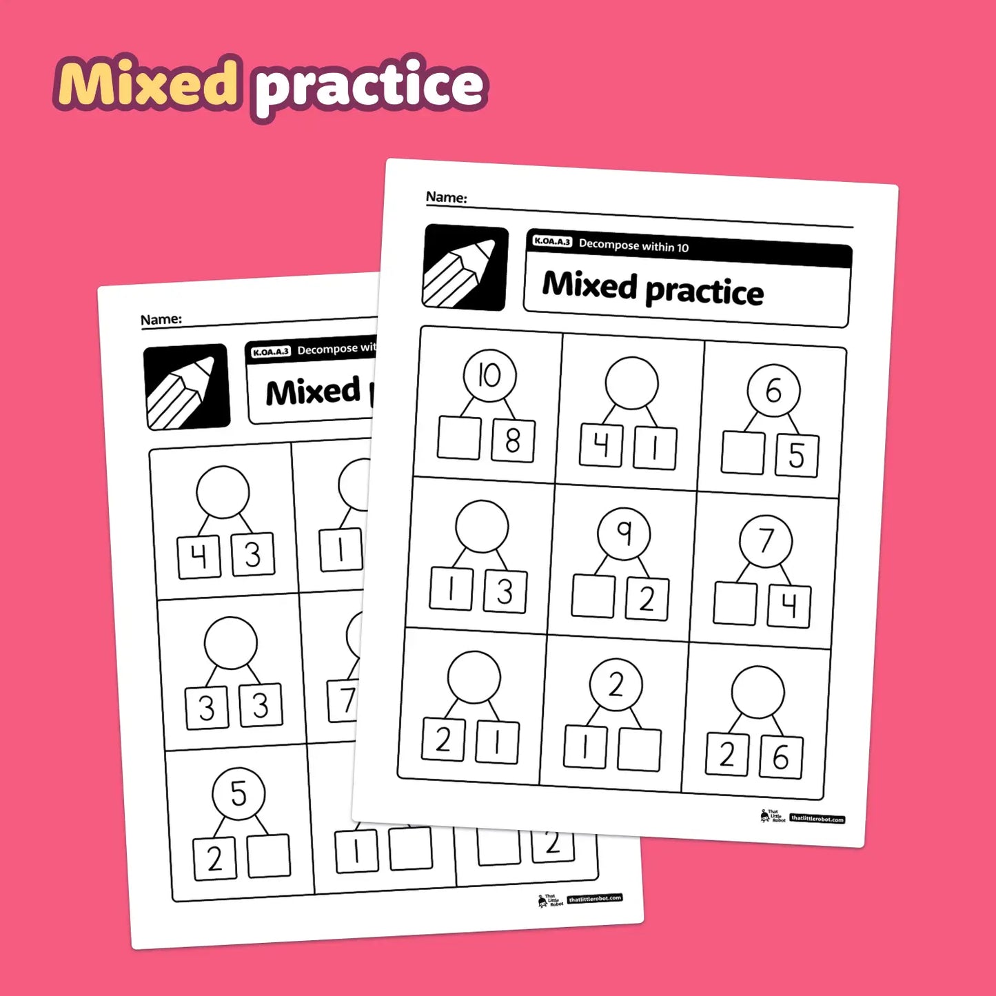 Two worksheets titled "Decompose Numbers Within 10 | K.OA.A.3".