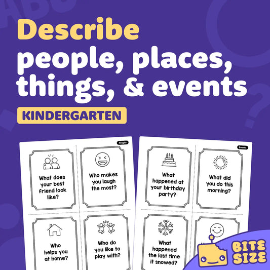 Printable cards display prompts about people, places, things, and events.
