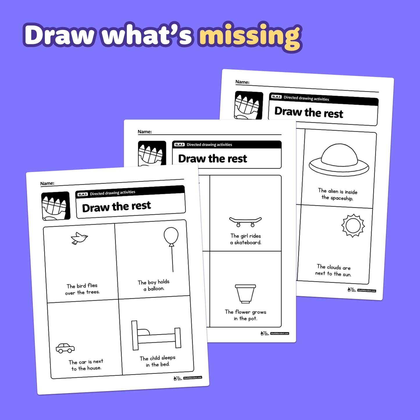 Three kindergarten directed drawing activity worksheet pages are shown.