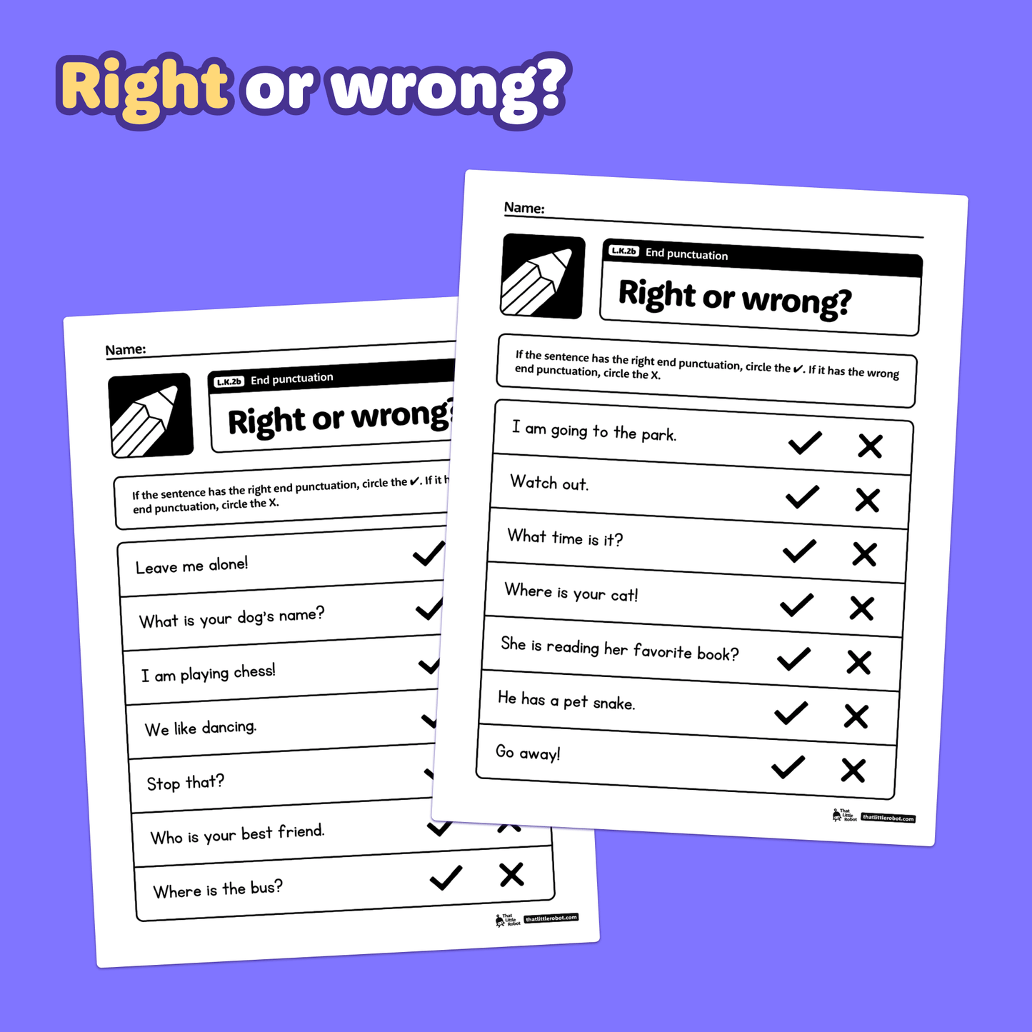 Two worksheets with sentences for identifying correct end punctuation.