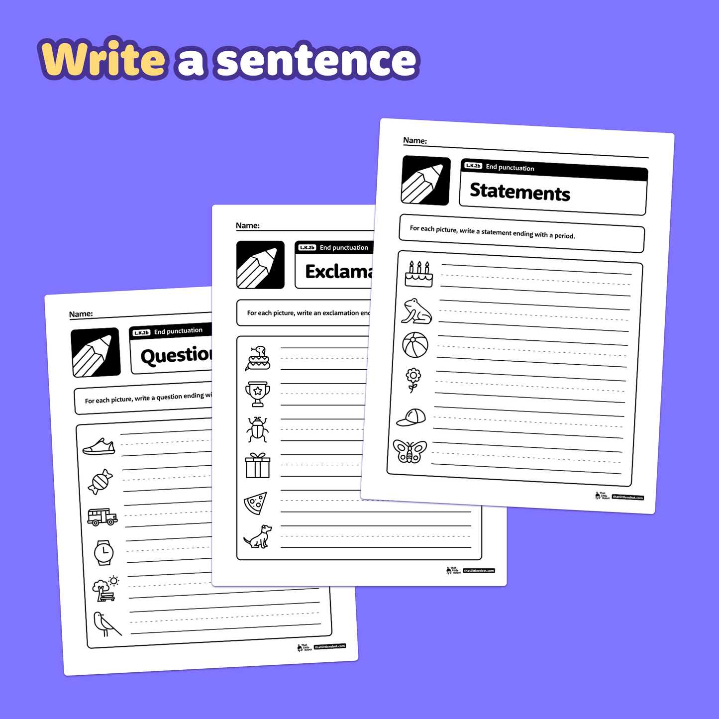 Printable worksheets showing sentences with periods, question marks, and exclamation points.