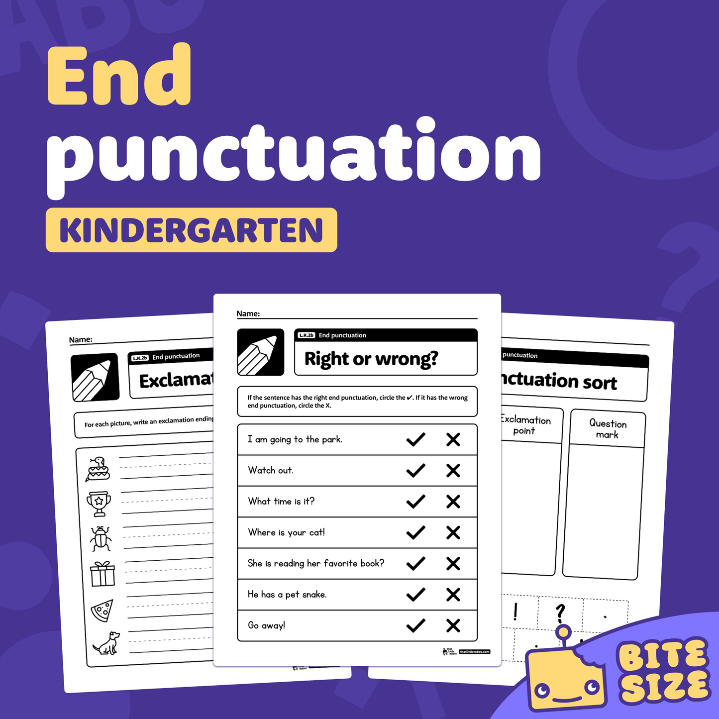 PDF with kindergarten worksheets focused on end punctuation marks.