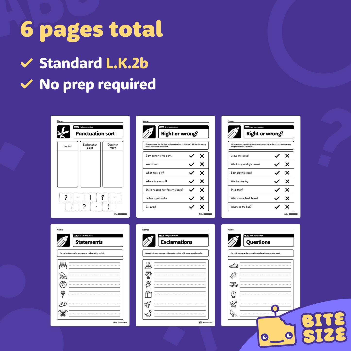 Preview of six kindergarten worksheets with punctuation activities and icons.