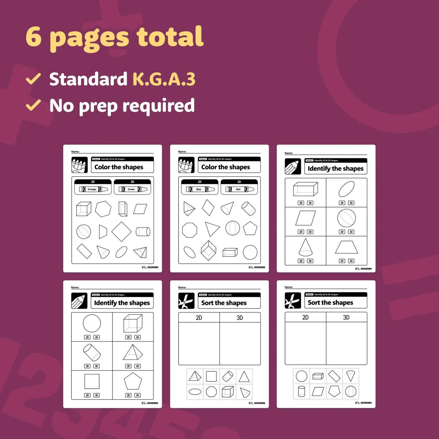 Six worksheets focused on recognizing and coloring geometric shapes.