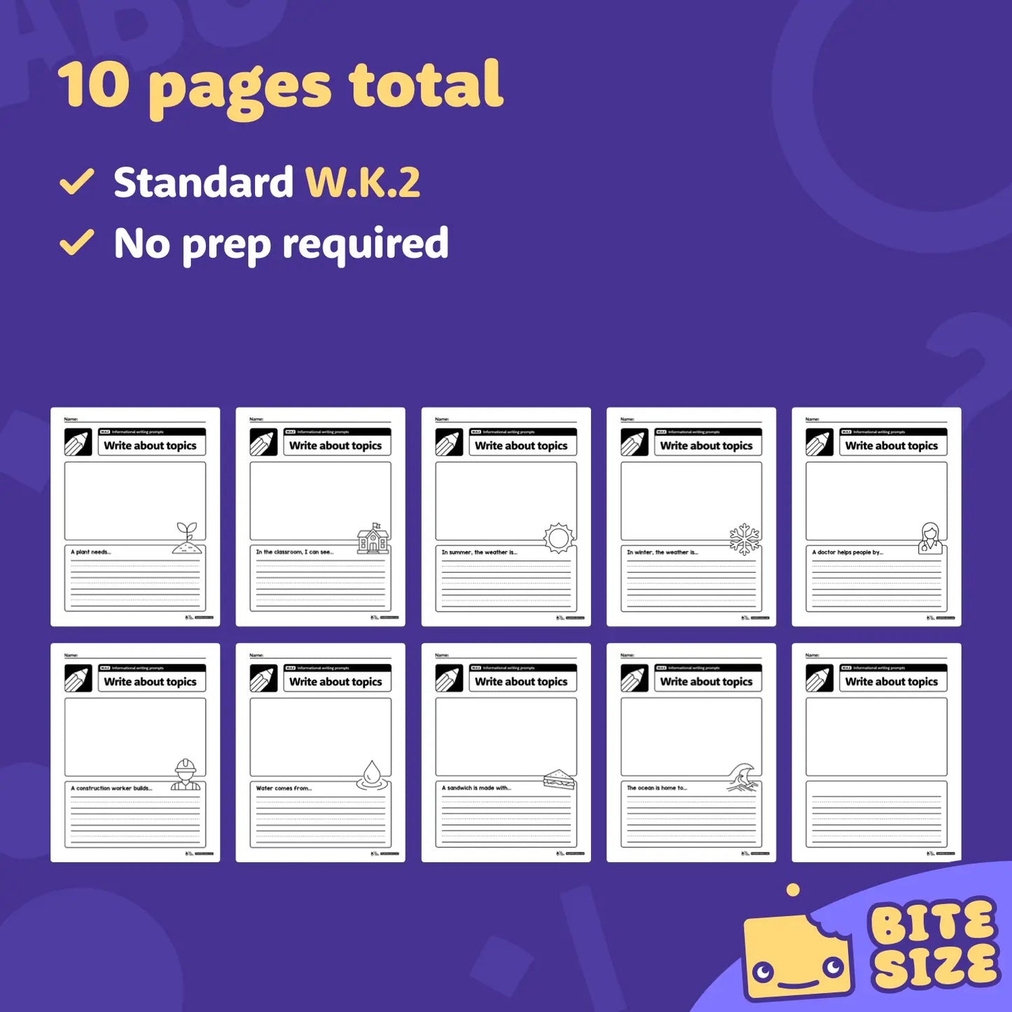 Ten worksheet pages with kindergarten informational writing prompts shown.