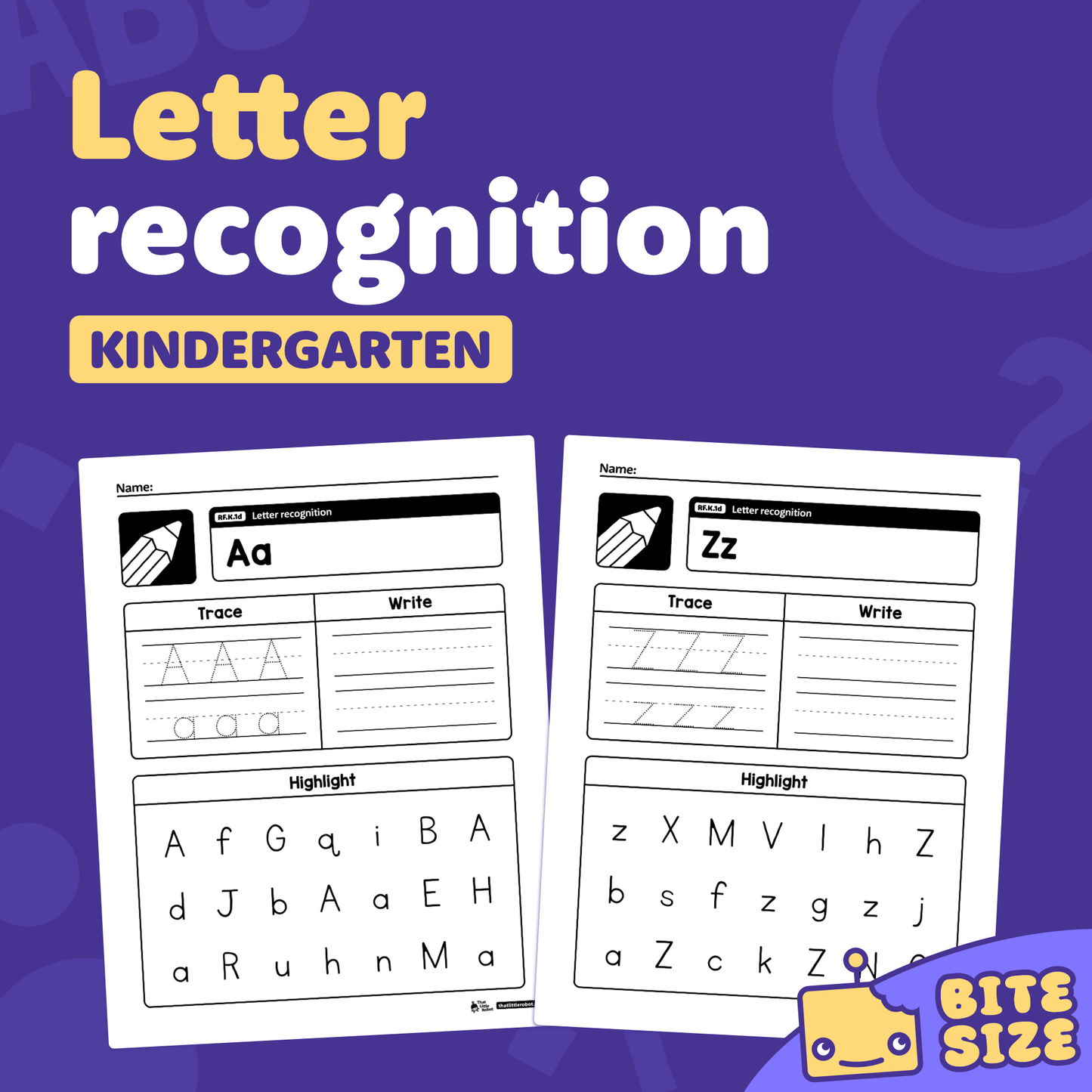 Printable kindergarten letter recognition worksheets labeled RF.K.1d.