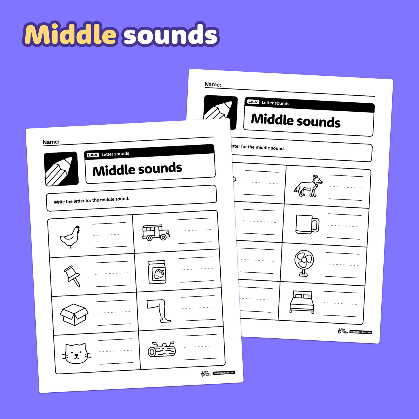 Worksheets with images and blank spaces for identifying letter sounds.