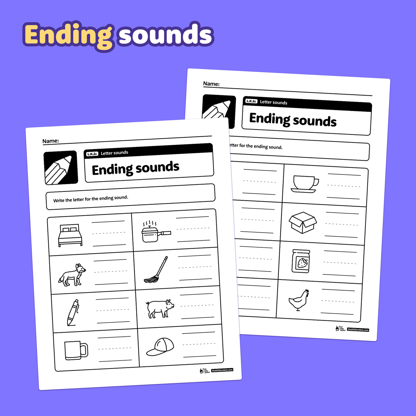 Two worksheets with letter sound exercises, images, and spaces for answers.