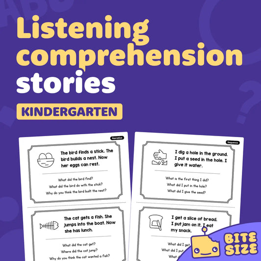 Worksheet pages display listening comprehension stories for kindergarten students.