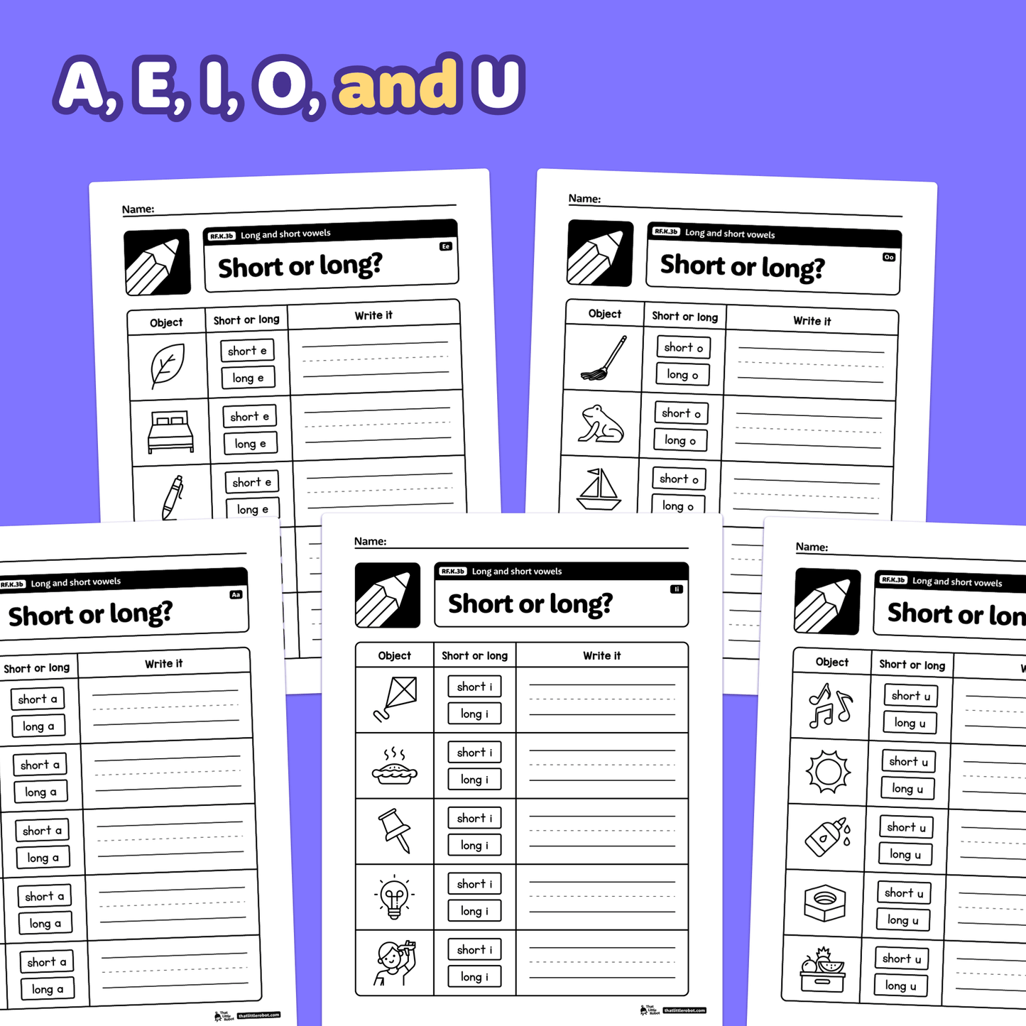Five printable worksheets showing long and short vowel activities for kindergarten.