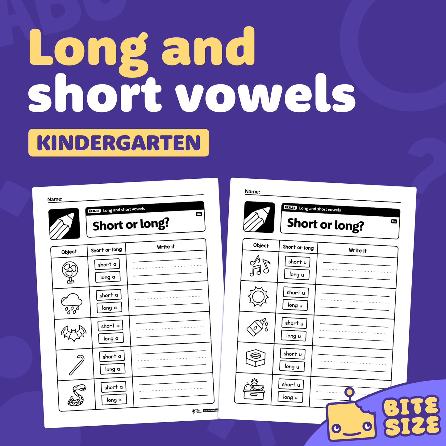 Printable worksheets showing activities for identifying long and short vowel sounds.