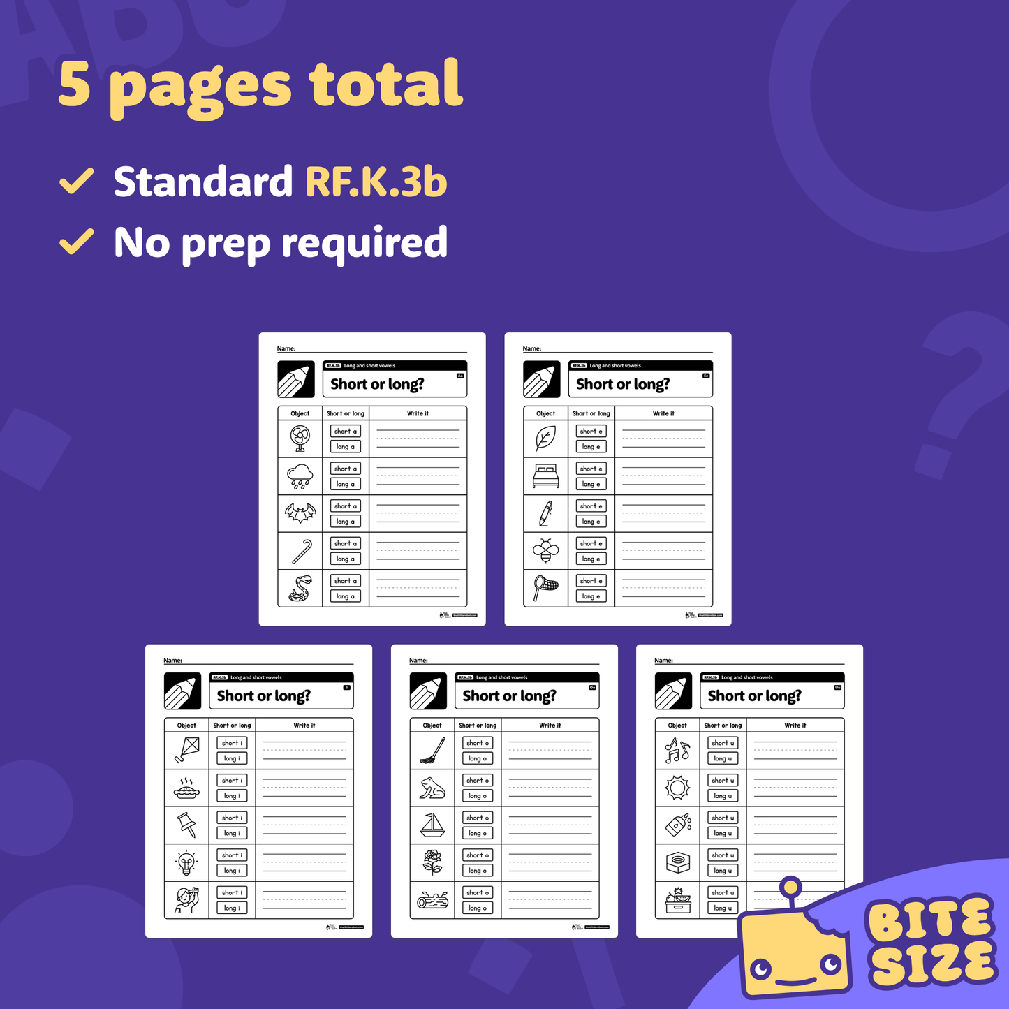 Five printable kindergarten worksheets on long and short vowel activities.