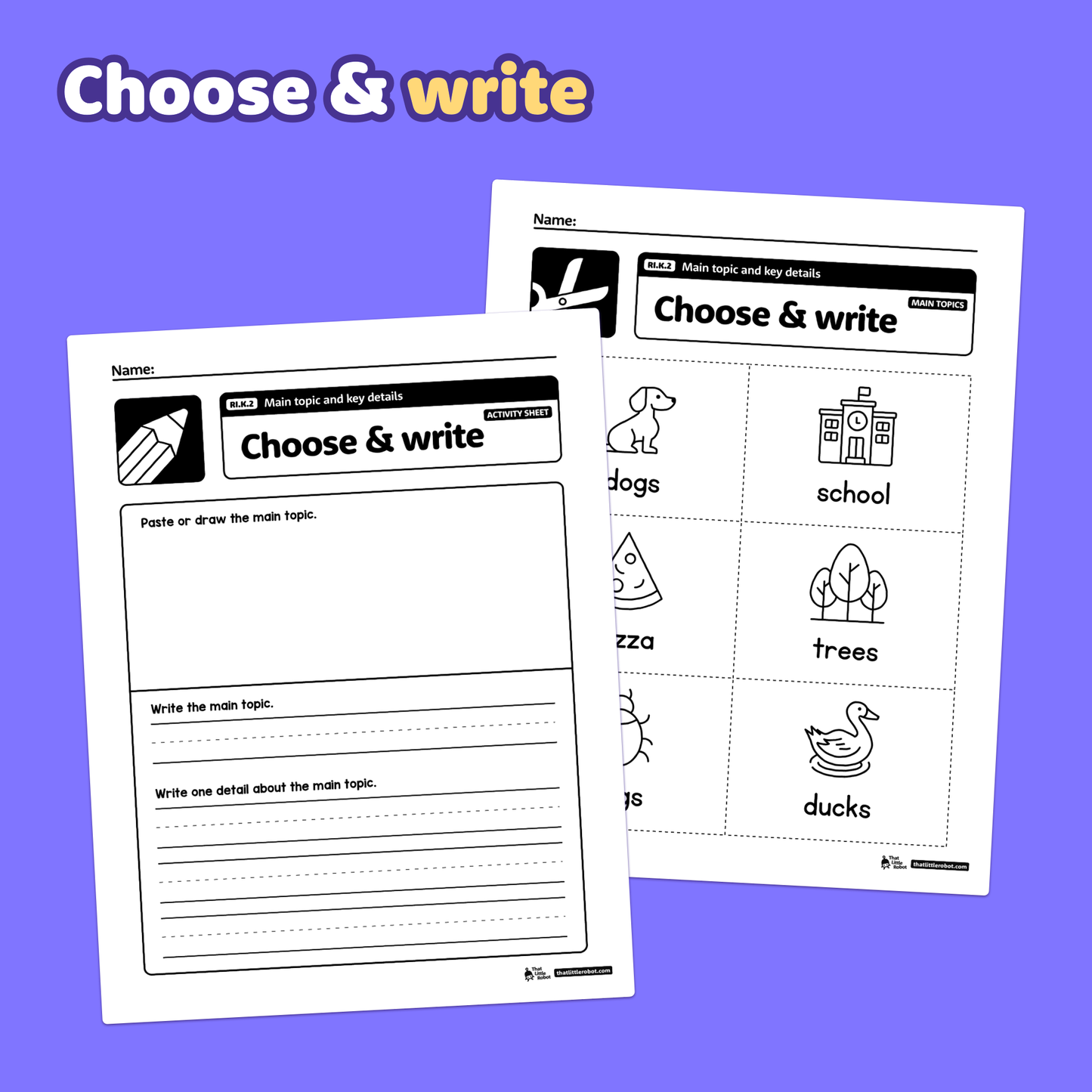 Two kindergarten worksheets with "choose and write" reading comprehension tasks.