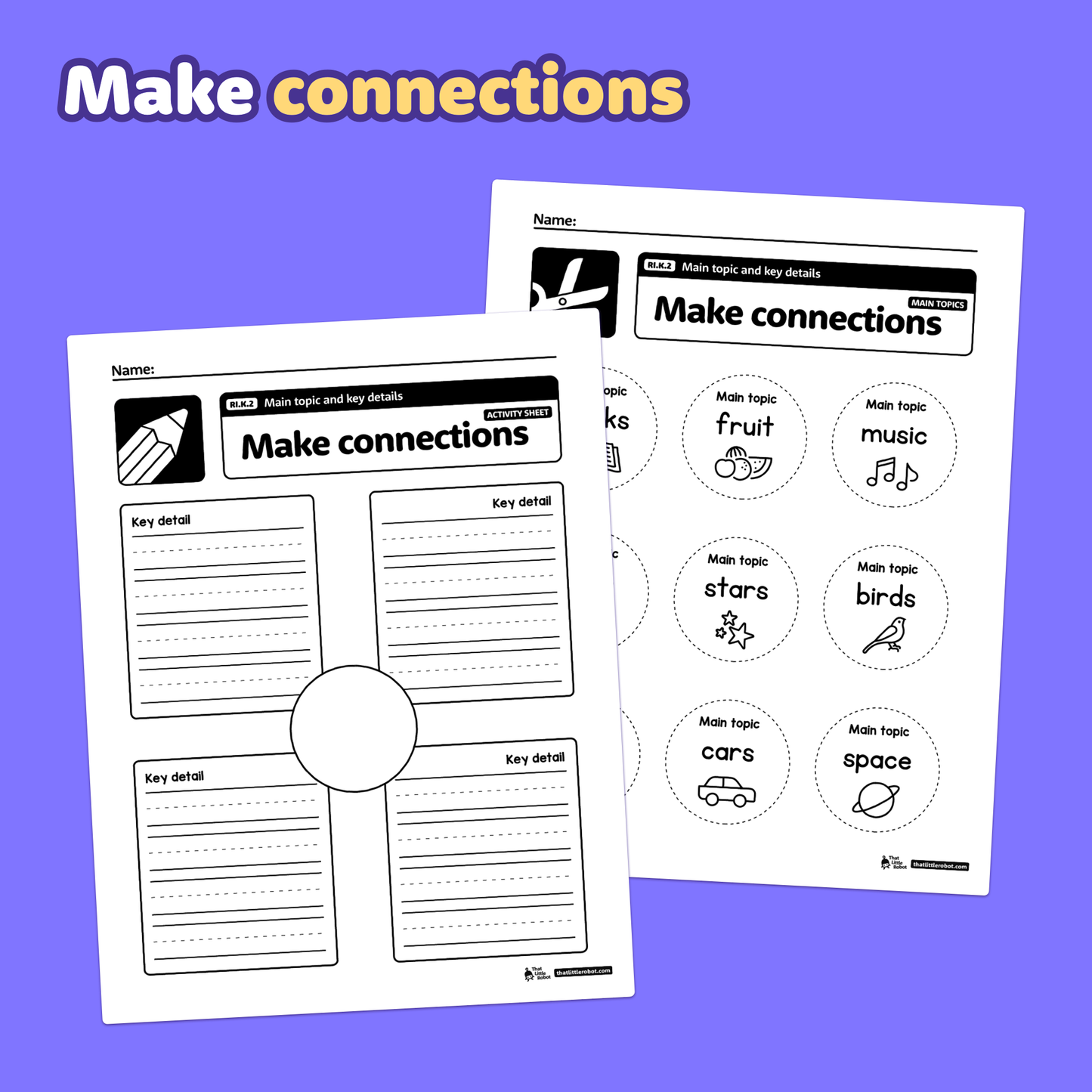 Two worksheets with sections for main topic and key details are shown.